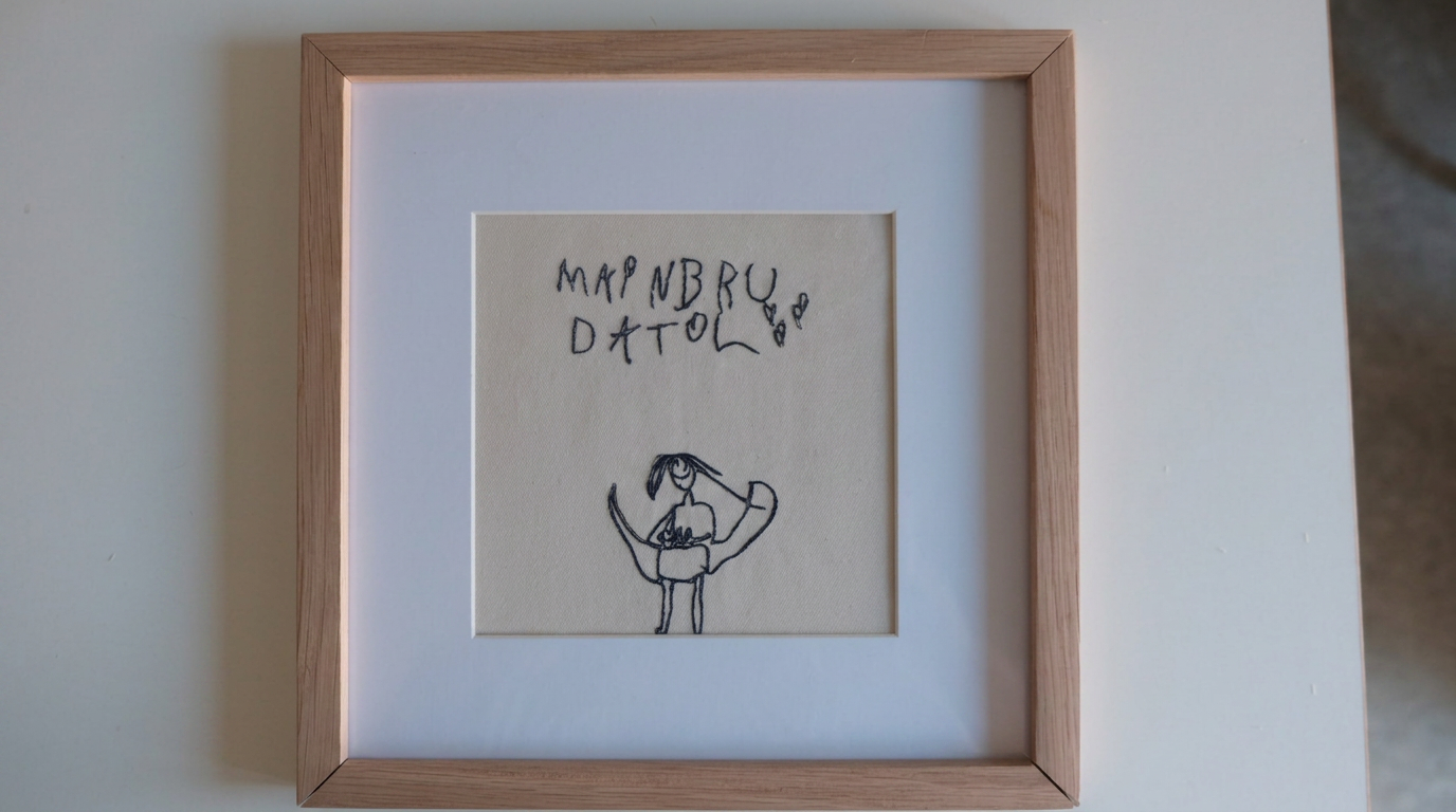 Gestickte Kinderzeichnung „mein bruda toll“, in helle Eiche gerahmt mit weißem Passepartout